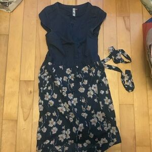 3 Stones Floral Short Sleeve High Low Dress Cotton Blend Navy Blue Button Up